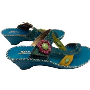 Spring Step Teal Sandals with Yellow and Green Accents and Pink Flower